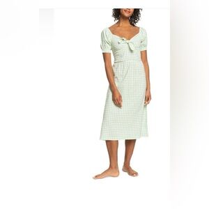 Roxy Summertime Feeling Tie-Front Midi Dress  Green Houndstooth Dress Size S EUC